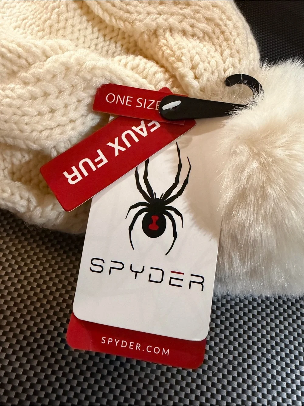 NWT Spyder Women's Cream Cable Knit Pom Beanie with Callout